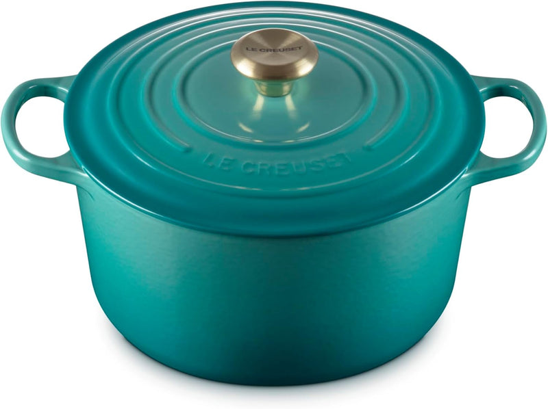Le Creuset 6 1/2 Qt. Enameled Cast Iron Signature Deep Round Dutch Oven w/Light Gold Knob - Riviera