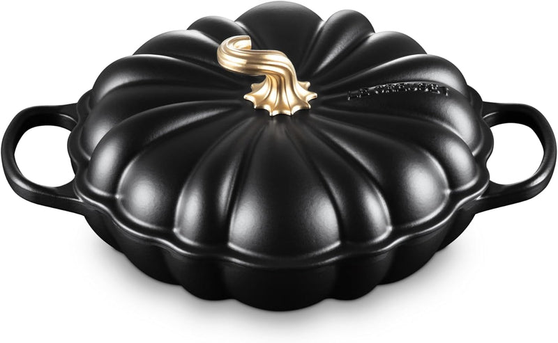 Le Creuset 2 3/4 Qt. Signature Enameled Cast Iron Figural Pumpkin Braiser w/Figural Gold Knob - Licorice