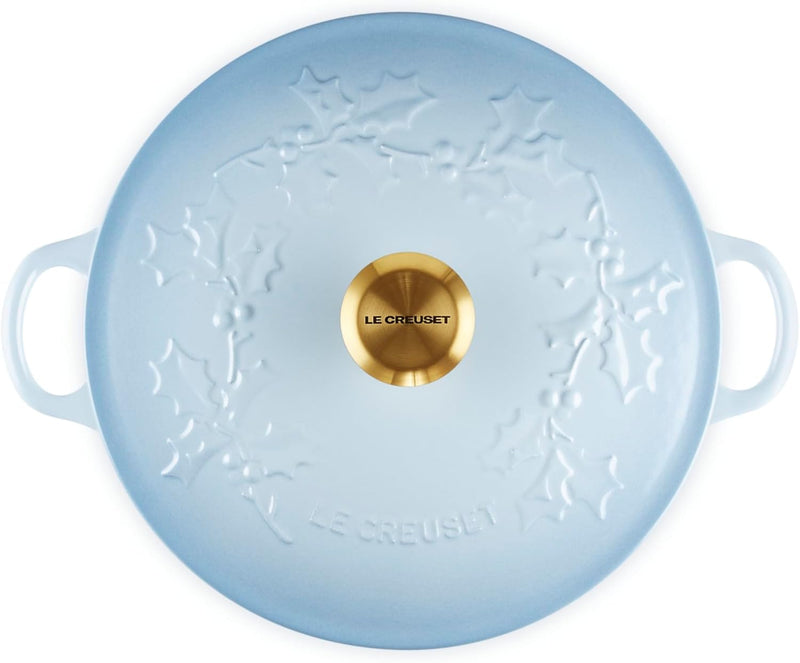 Le Creuset 4 1/2 Qt. Enameled Cast Iron Round Chef's Oven w/Holly Embossed Lid & Gold Knob - Coastal Blue