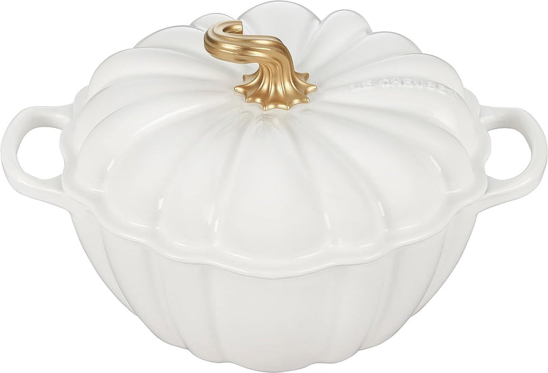 Le Creuset 4 Qt Figural Pumpkin Cocotte w/Gold Figural Knob - White