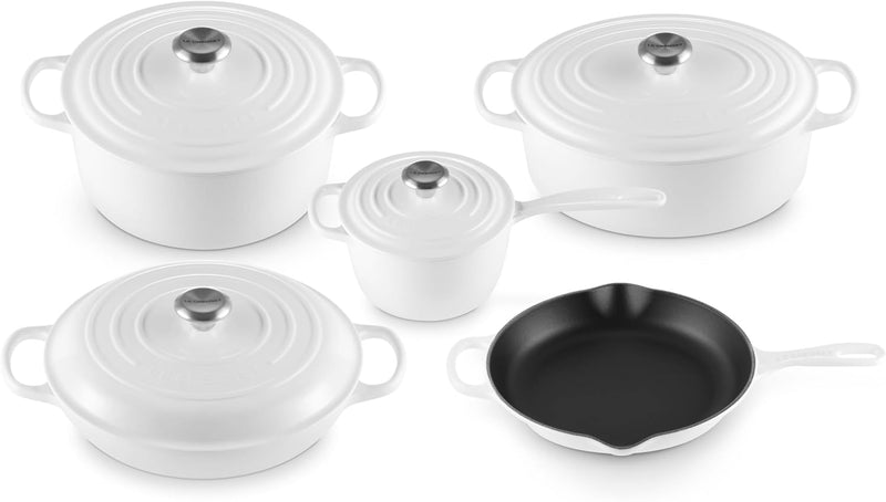 Le Creuset 9-Piece Signature Enameled Cast Iron Cookware Set w/Stainless Steel Knob - White
