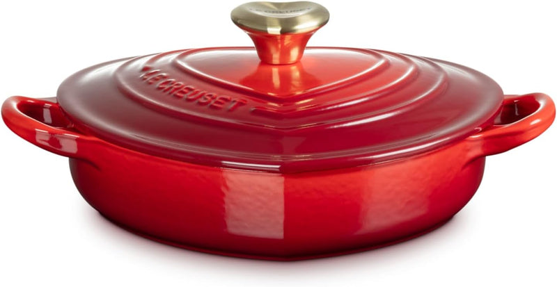 Le Creuset 1 1/4 Qt. Shallow Heart Cocotte w/Light Gold Heart Knob - Cerise