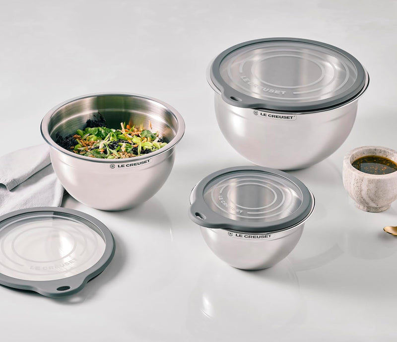 Le Creuset Set of 3 - Stainless Steel Mixing Bowls w/Glass Lids