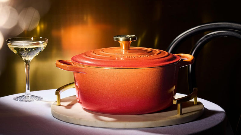Le Creuset 7 1/4 Qt. Enameled Cast Iron Signature Round Dutch Oven w/Crucible Knob - Flamme Doree