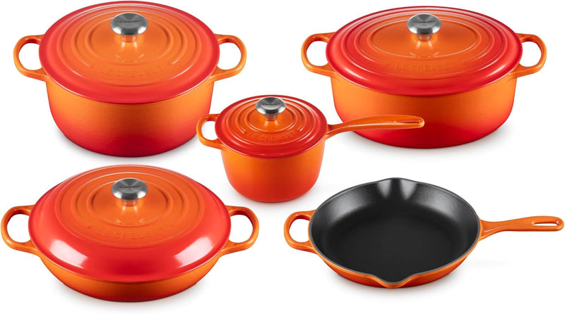Le Creuset 9-Piece Signature Enameled Cast Iron Cookware Set w/Stainless Steel Knob - Flame