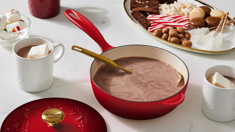 Le Creuset 2 1/4 Qt. Enameled Cast Iron Saucier w/Holly Embossed Lid & Gold Knob - Artichaut