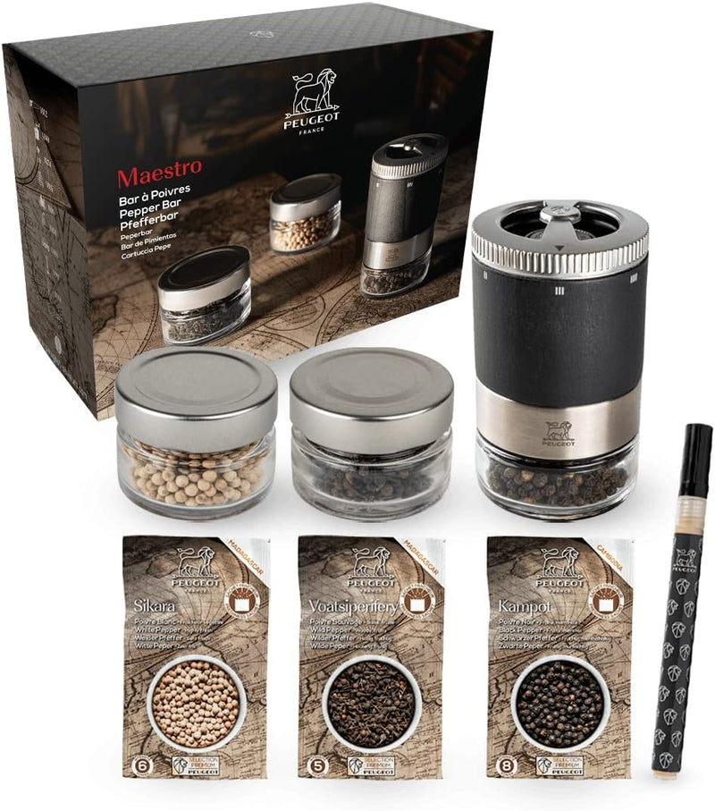 Peugeot Maestro Gift Box Set - Includes Pepper Mill (11cm/4"), Set of 3 Pepper Varieties & Interchangeable Glass Jars + Erasable Marker