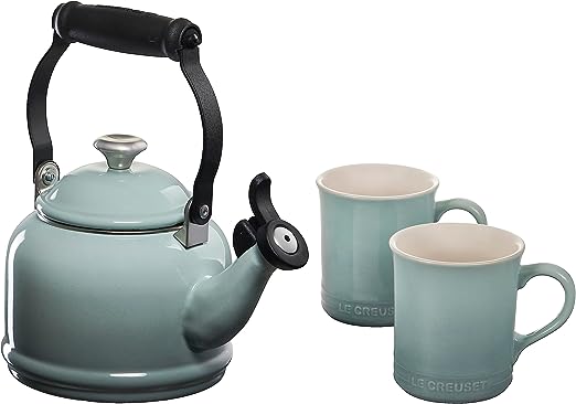 Le Creuset 1 1/4 Qt. Demi Kettle w/Stainless Steel Knob & (2) 14 oz. Mug Set - Sea Salt