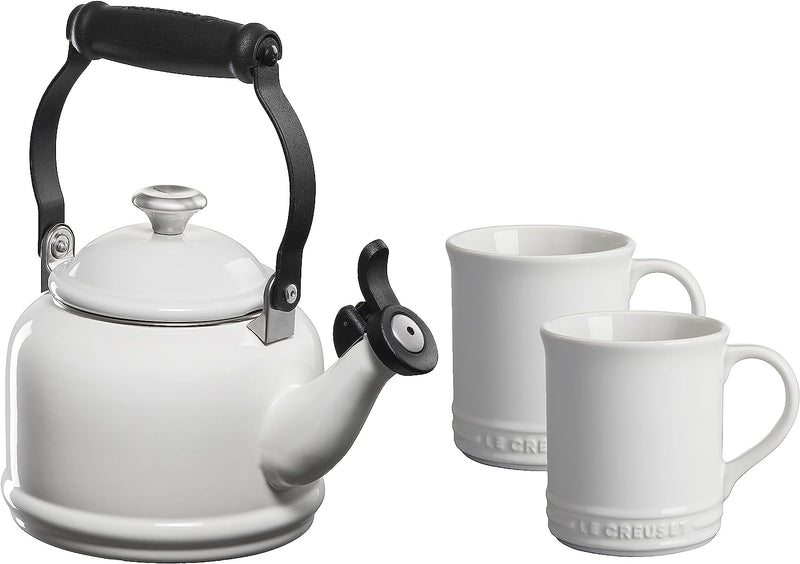 Le Creuset 1 1/4 Qt. Demi Kettle w/Stainless Steel Knob & (2) 14 oz. Mug Set - White