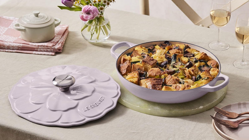 Le Creuset 2 1/4 Qt. Enameled Cast Iron Signature Petal Braiser w/Gold Knob - White