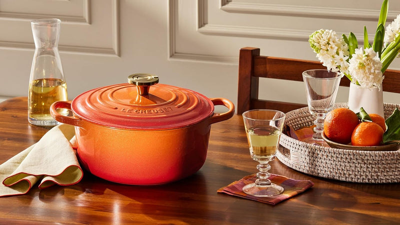 Le Creuset 4 1/2 Qt. Enameled Cast Iron Signature Round Dutch Oven w/Crucible Knob - Flamme Doree