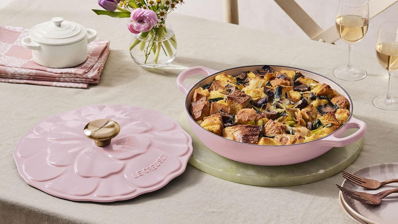 Le Creuset 2 1/4 Qt. Enameled Cast Iron Signature Petal Braiser w/Light Gold Knob - Chiffon Pink