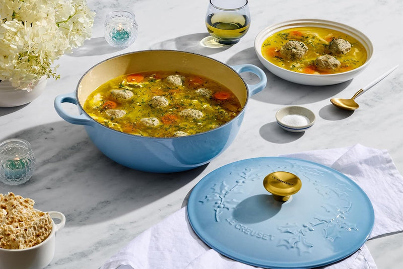 Le Creuset 4 1/2 Qt. Enameled Cast Iron Round Chef's Oven w/Holly Embossed Lid & Gold Knob - Coastal Blue