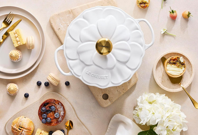 Le Creuset 2 1/4 Qt. Enameled Cast Iron Signature Petal Braiser w/Gold Knob - White