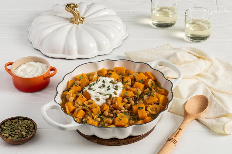 Le Creuset 2 3/4 Qt. Signature Enameled Cast Iron Figural Pumpkin Braiser w/Gold Knob - White