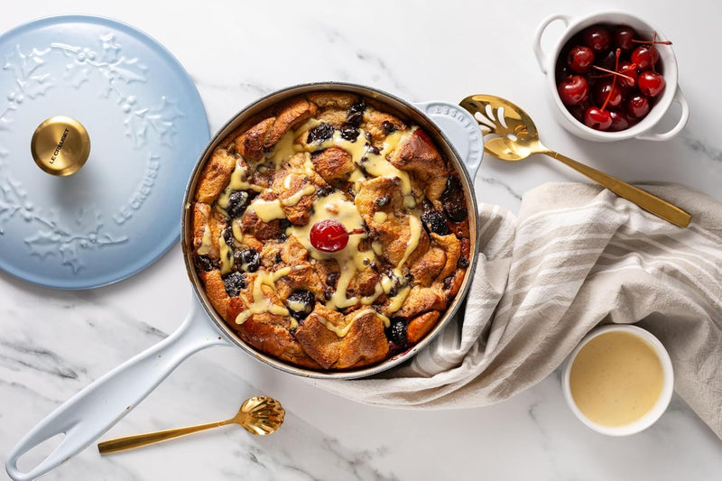 Le Creuset 2 1/4 Qt. Enameled Cast Iron Saucier w/Holly Embossed Lid & Gold Knob - Coastal Blue