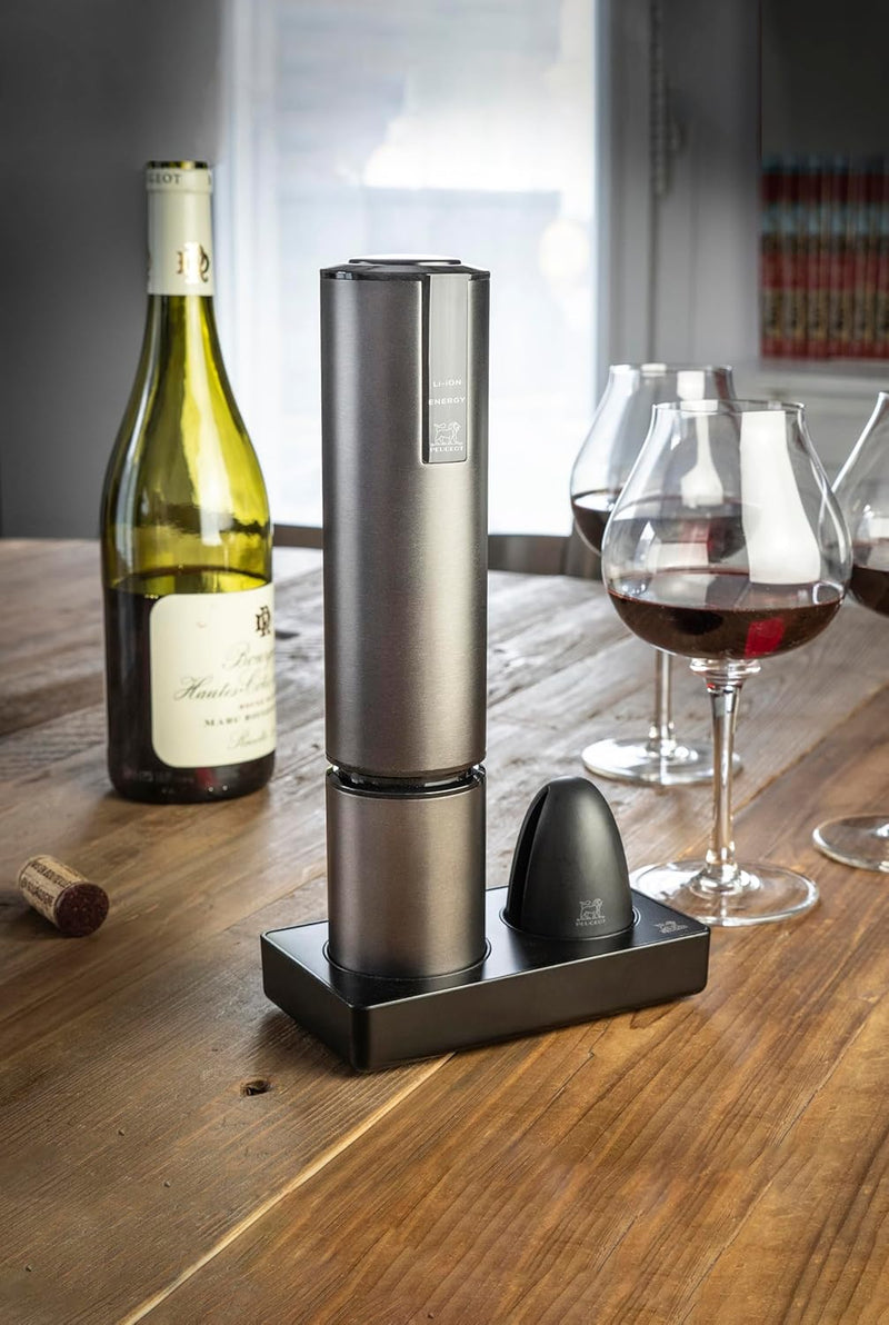 Peugeot Elis Touch Carbone Rechargeable Electric Corkscrew and Foil Cutter - Stainless Steel w/a Carbon Finish - 27cm/10.6"