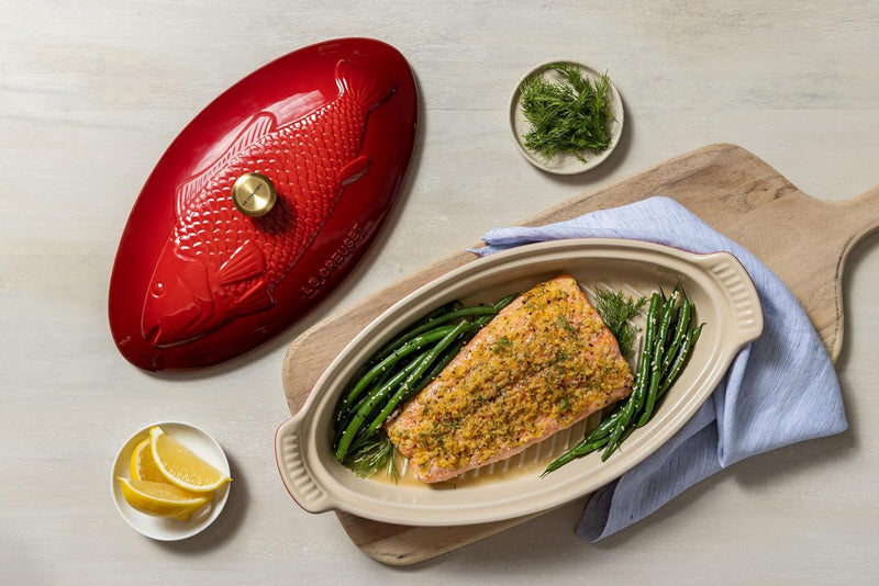 Le Creuset 1 7/10 Qt. Fish Baker w/Gold Knob - Cerise