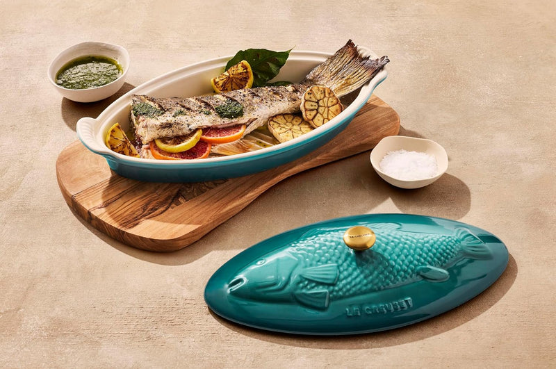 Le Creuset 1 7/10 Qt. Fish Baker w/Gold Knob - Riviera