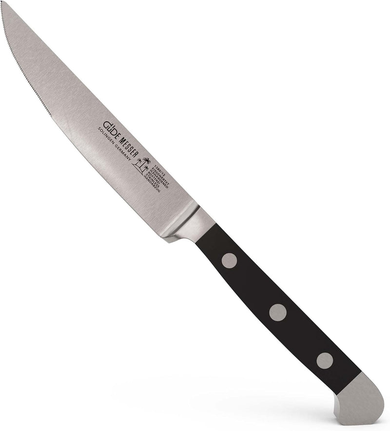 Güde Alpha Series - 4 1/2" Forged Double Bolster Porterhouse Serrated Steak Knife, Black Hostaform Handle