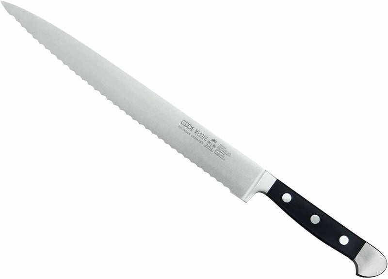 Güde Alpha Series - 10" Forged Double Bolster Serrated Slicing Knife, Black Hostaform Handle