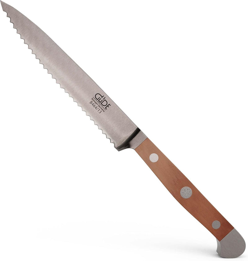 Güde Alpha Pear Series - 5" Forged Double Bolster Serrated Tomato Knife, Pear Wood Handle