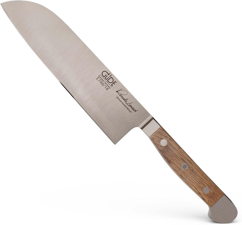 Güde Alpha Barrel Oak Series - 7" Forged Double Bolster Santoku Knife, Oak Wood Handle