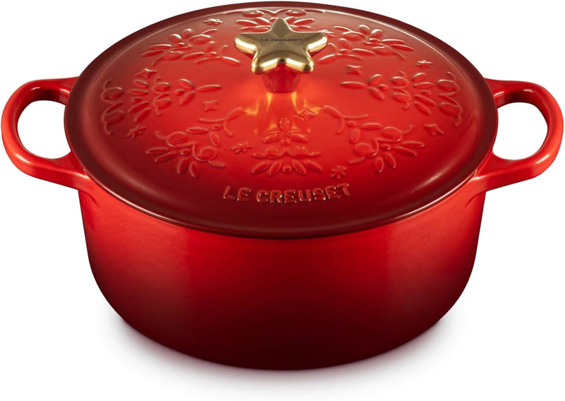 Le Creuset 4 1/2 Qt. Enameled Cast Iron Round Dutch Oven w/Tree Embossed Lid & Gold Star Knob - Cerise