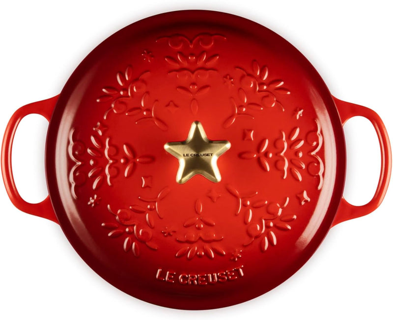 Le Creuset 4 1/2 Qt. Enameled Cast Iron Round Dutch Oven w/Tree Embossed Lid & Gold Star Knob - Cerise