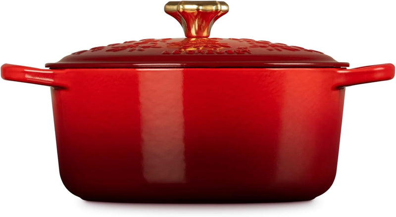 Le Creuset 4 1/2 Qt. Enameled Cast Iron Round Dutch Oven w/Tree Embossed Lid & Gold Star Knob - Cerise