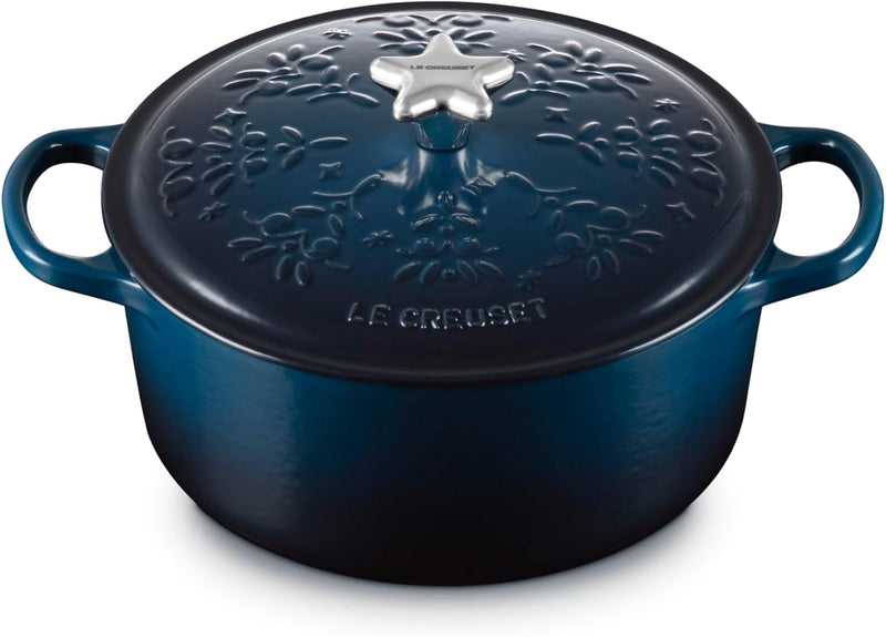 Le Creuset 4 1/2 Qt. Enameled Cast Iron Round Dutch Oven w/Tree Embossed Lid & Stainless Steel Star Knob - Nuit