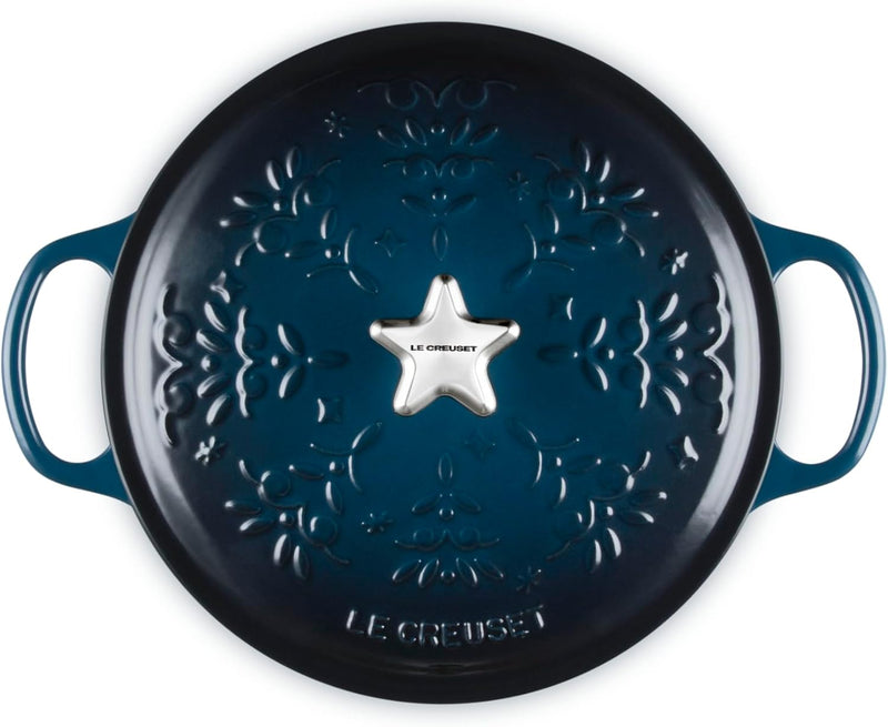 Le Creuset 4 1/2 Qt. Enameled Cast Iron Round Dutch Oven w/Tree Embossed Lid & Stainless Steel Star Knob - Nuit