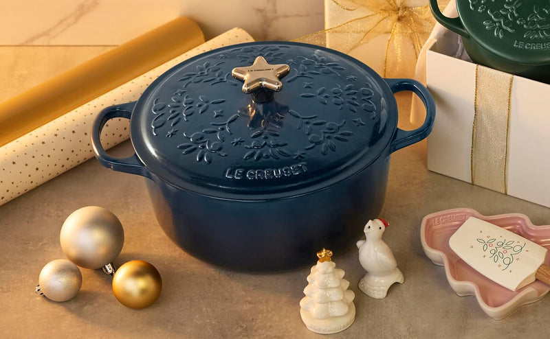 Le Creuset 4 1/2 Qt. Enameled Cast Iron Round Dutch Oven w/Tree Embossed Lid & Stainless Steel Star Knob - Nuit