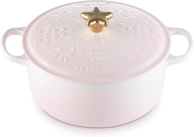 Le Creuset 4 1/2 Qt. Enameled Cast Iron Round Dutch Oven w/Tree Embossed Lid & Gold Star Knob - Shell Pink