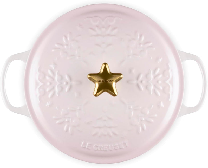 Le Creuset 4 1/2 Qt. Enameled Cast Iron Round Dutch Oven w/Tree Embossed Lid & Gold Star Knob - Shell Pink