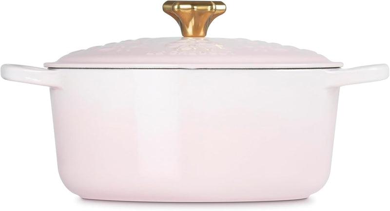 Le Creuset 4 1/2 Qt. Enameled Cast Iron Round Dutch Oven w/Tree Embossed Lid & Gold Star Knob - Shell Pink