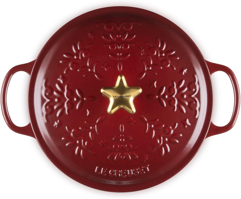 Le Creuset 4 1/2 Qt. Enameled Cast Iron Round Dutch Oven w/Tree Embossed Lid & Gold Star Knob - Garnet