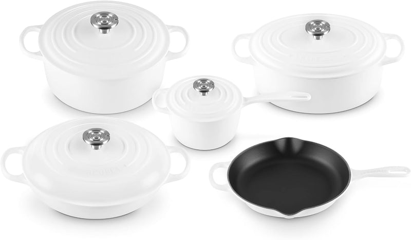 Le Creuset 9-Piece Signature Enameled Cast Iron Cookware Set w/Crucible SS Knob - White