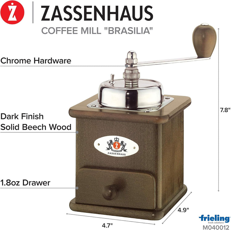 Zassenhaus "Brasilia" Coffee Mill, Dark Beechwood - 4.7" x 4.9" x 7.8"