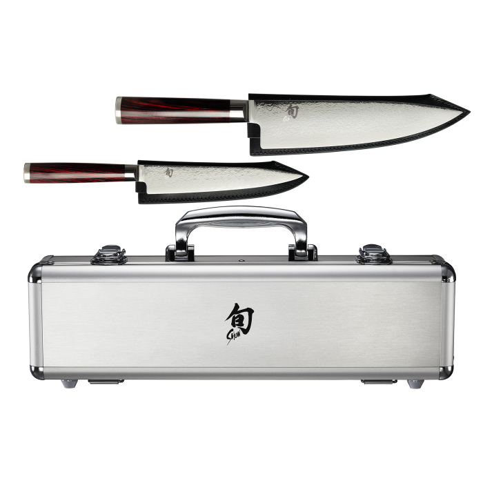 Shun Kohen Anniversary 2 Pc. Set: Utility 6" w/Leather Sheath, Chef's 8" w/Leather Sheath, Foam-lined Metal Case w/Handle