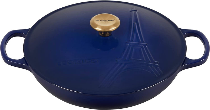 Le Creuset 3 1/2 Qt. Signature Braiser Eiffel Tower Embossed Lid & Gold Knob - Indigo