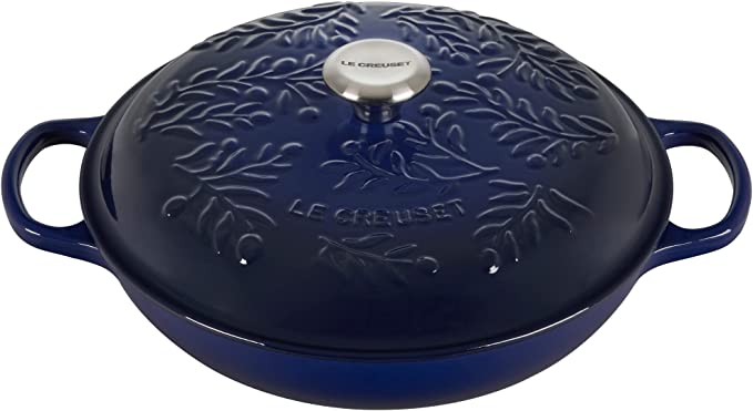 Le Creuset 3 1/2 Qt. Signature Enameled Cast Iron Braiser w/Olive Branch Embossed Lid - Indigo- Personalized Engraving Available
