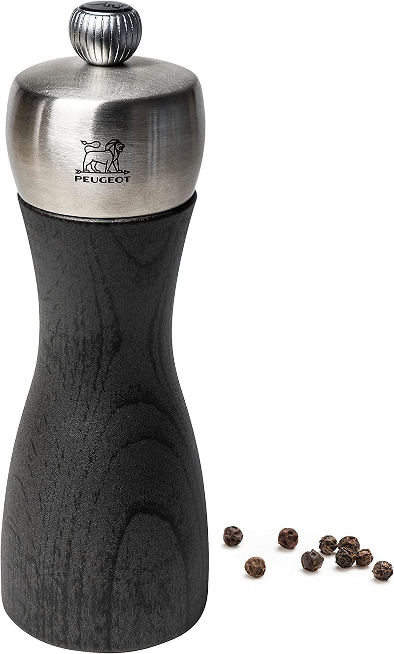 Peugeot Fidji Manual Pepper Mill - Adjustable Grinder - Beechwood and Stainless Steel, Graphite Finish - 6"