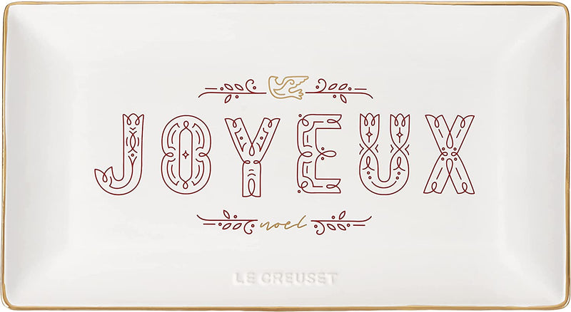 Le Creuset 11.25" x 6.25" Rectangular Hostess Tray w/Applique & Gold Rim - White