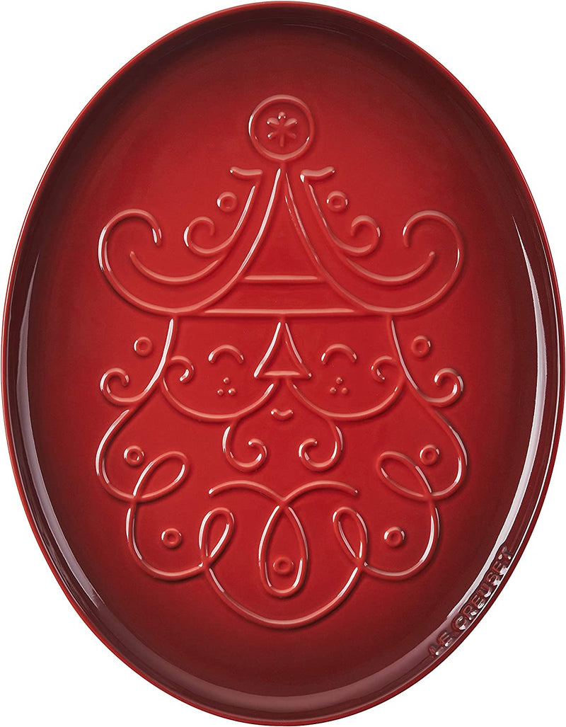 Le Creuset 14" Oval Santa Cookie Platter w/Embossed Design - Cerise